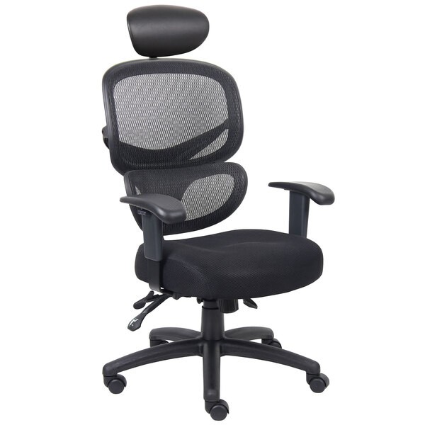 A Boss black mesh office chair with headrest.