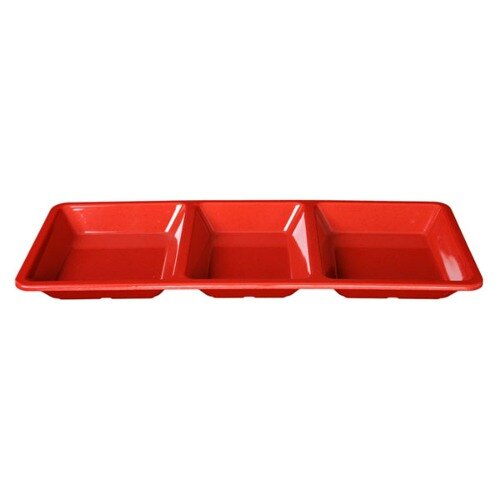 A red melamine rectangular tray with three compartments.
