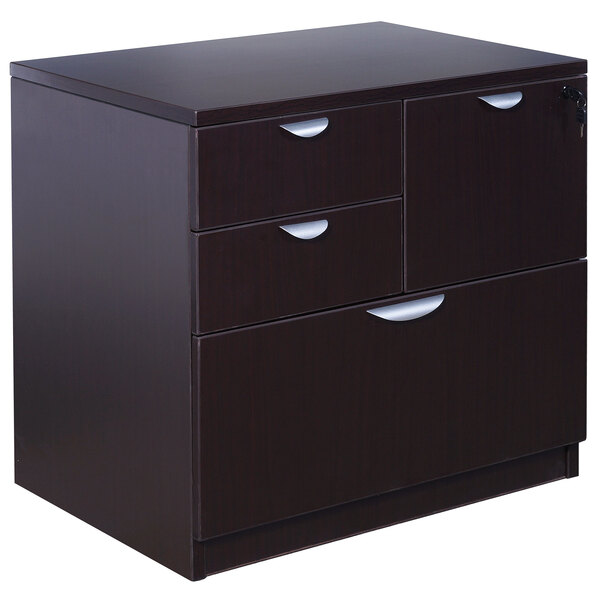 A dark brown Boss Mocha laminate lateral file cabinet with silver handles.