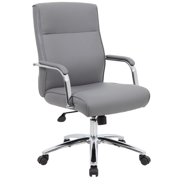 A Boss gray office chair with chrome arms and wheels.