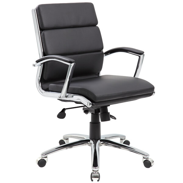 A Boss black leather office chair with chrome base and legs.
