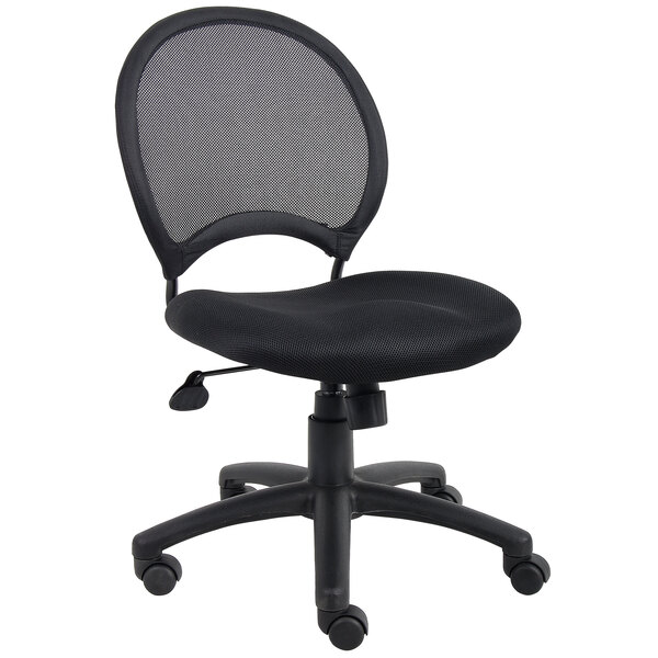A Boss black office chair with a mesh back and wheels.