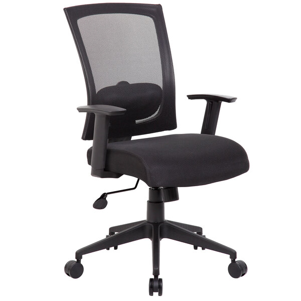 A Boss black mesh office chair with wheels and arms.