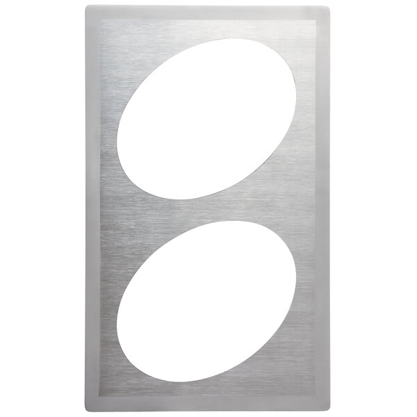 A stainless steel adapter plate with two oval indents.