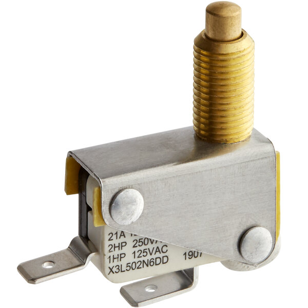 A close-up of a Cooking Performance Group micro switch with a brass knob.