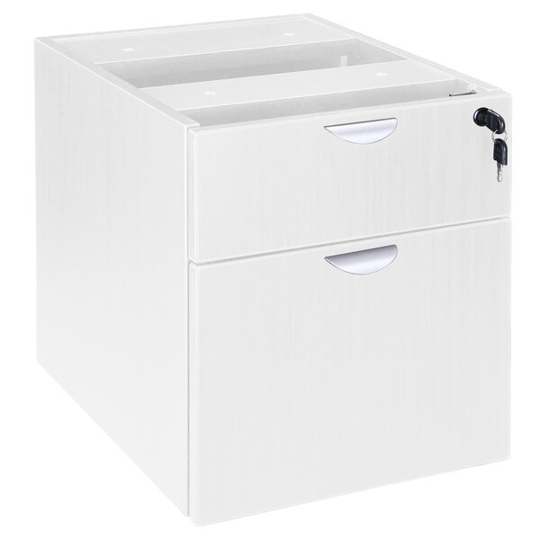A white Boss laminate hanging pedestal letter file cabinet with two drawers and a key.