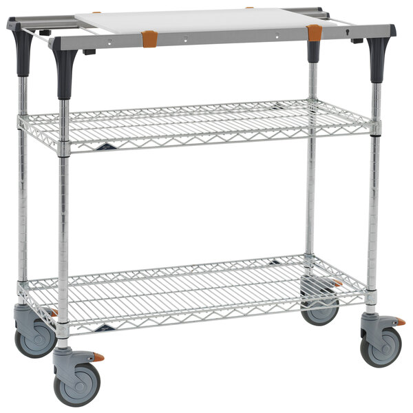 A Metro PrepMate MultiStation cart with wire shelves and wheels.