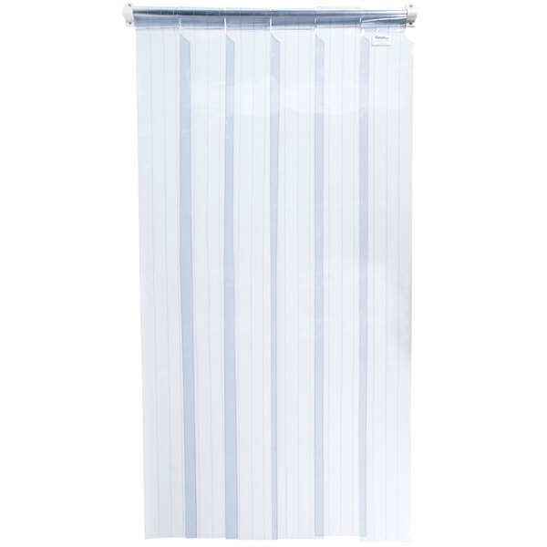 A white curtain with blue stripes hanging on a window.