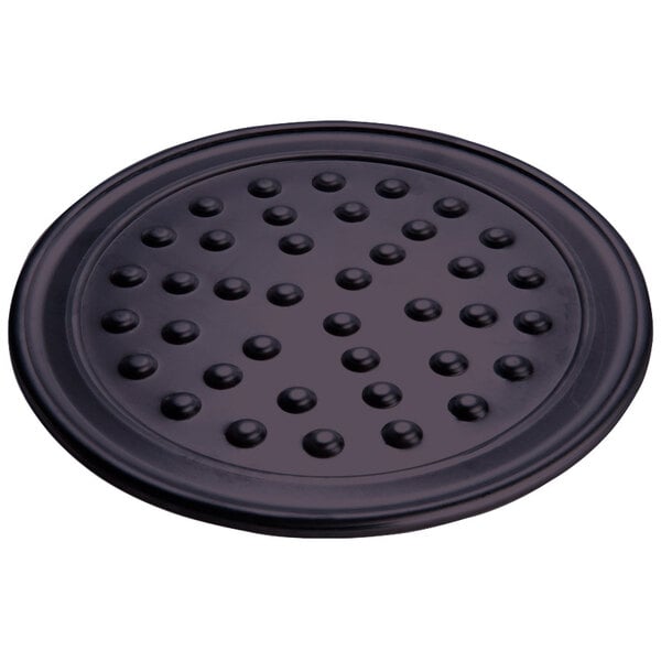 An American Metalcraft black round pizza pan with nibs.