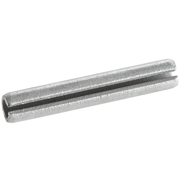 A silver metal Edlund roll pin with a hole in it.