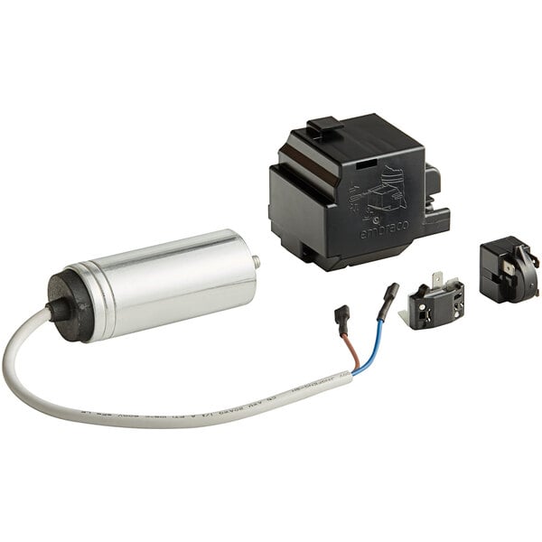 An Avantco start component for a refrigeration compressor with wires and a power cord.