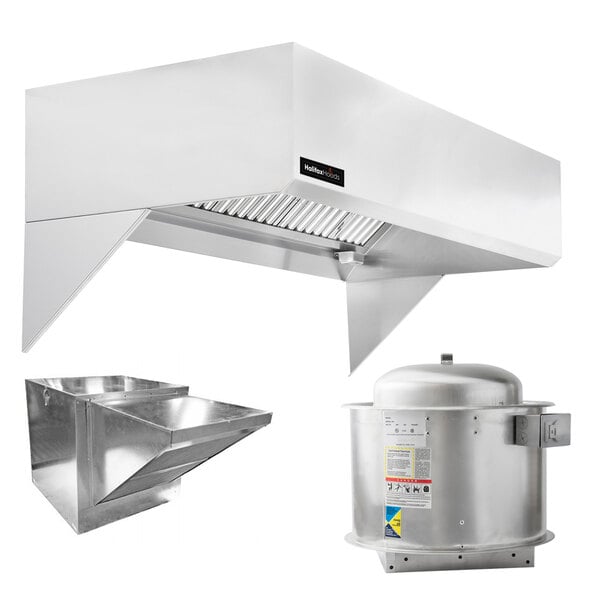 A stainless steel Halifax commercial kitchen hood system over large kitchen equipment.