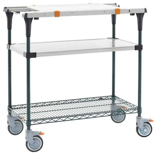 A Metro PrepMate MultiStation cart with wheels and two shelves.