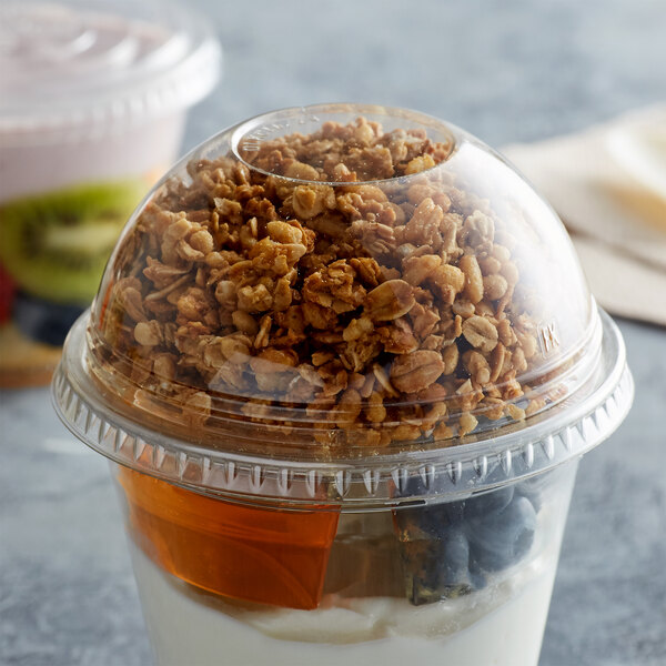 A bowl of yogurt with granola in a clear plastic dome lid.