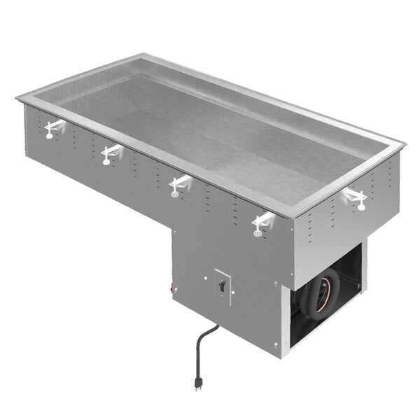 A Vollrath stainless steel rectangular drop-in refrigerated cold food well with white knobs.