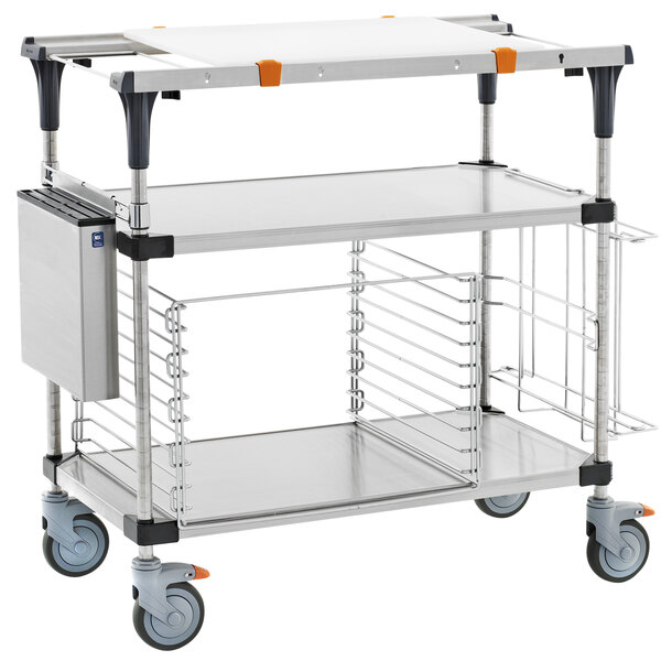 A silver Metro PrepMate MultiStation with stainless steel shelves and black wheels.