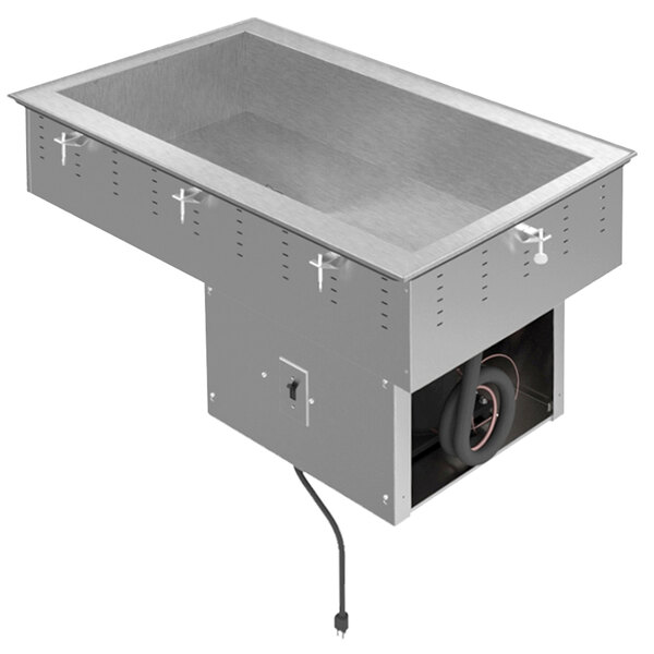 A stainless steel rectangular Vollrath drop-in refrigerated cold well with a black cord.