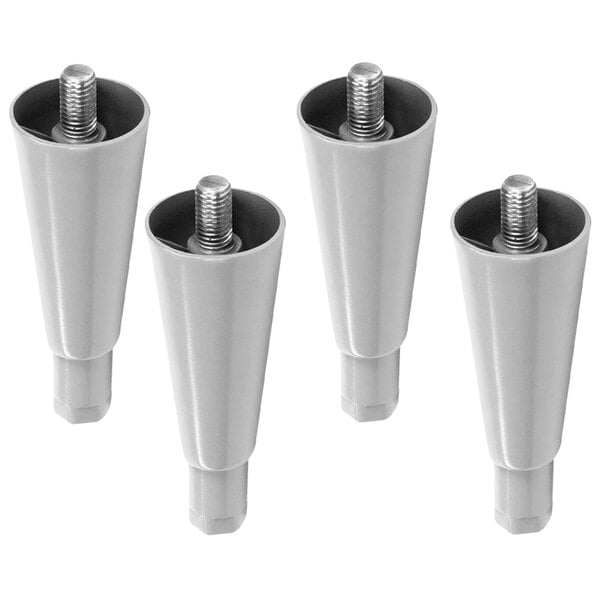 A set of four stainless steel legs with nuts on the bottom.