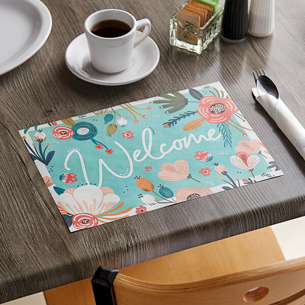 A wood table set with a Choice Welcome paper placemat and a cup of coffee.