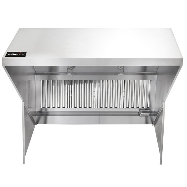 A stainless steel Halifax commercial kitchen hood system over a counter.