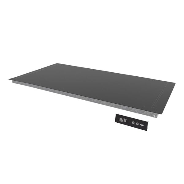 A black rectangular Vollrath heated shelf warmer with black metal frame and buttons.