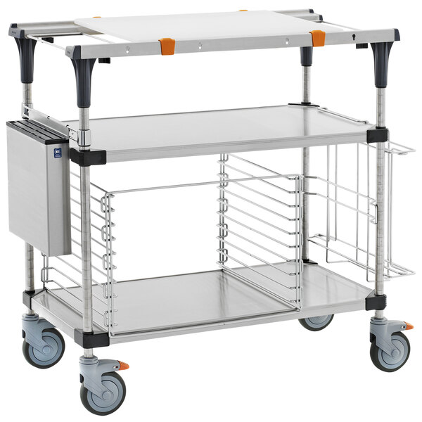 A Metro stainless steel cart with two shelves and black wheels.