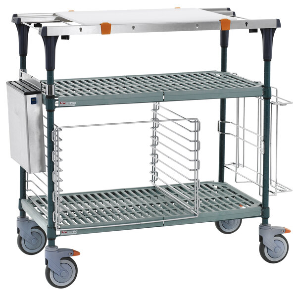 A Metro PrepMate MultiStation cart with SuperErecta Pro shelving and baskets on the bottom shelf.