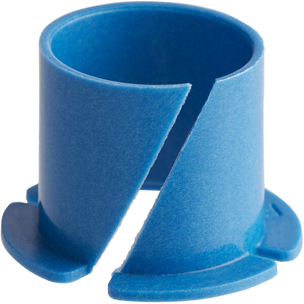 A blue plastic Bunn hopper auger bushing with a hole in the middle.