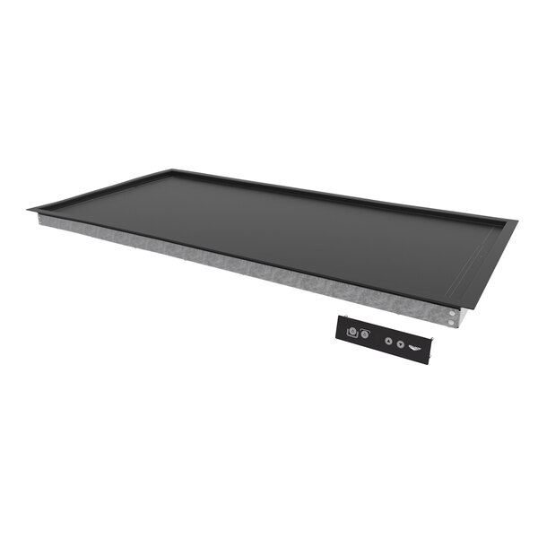 A black rectangular heated shelf warmer with a metal frame.