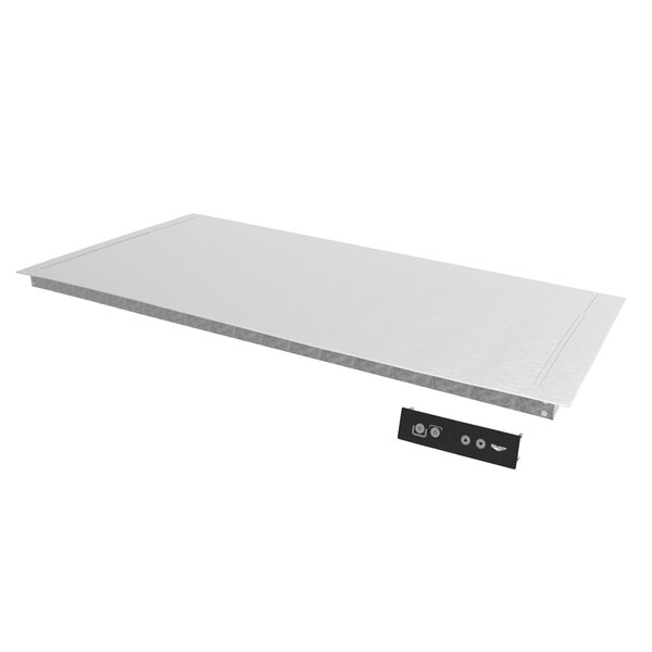 A rectangular white Vollrath heated shelf with a stainless steel finish.