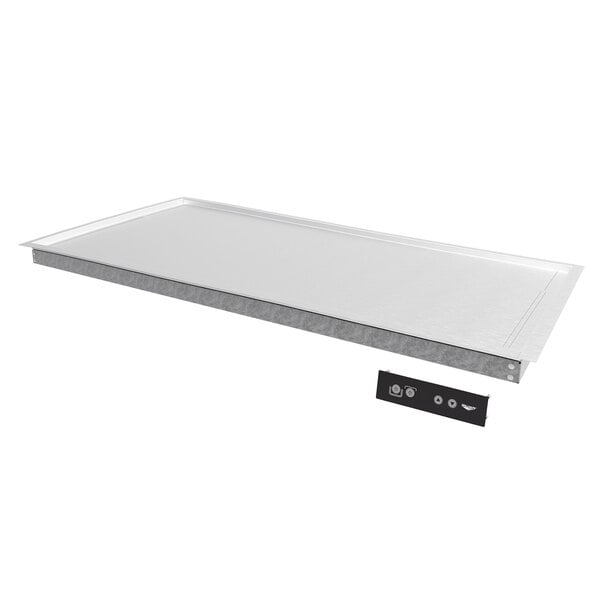 A stainless steel rectangular drop-in heated shelf warmer with a black handle.