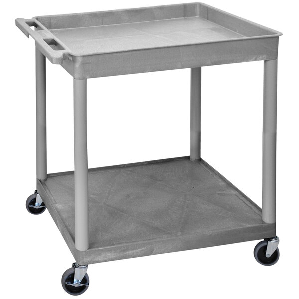 A Luxor gray utility cart with tub and flat shelves and wheels.