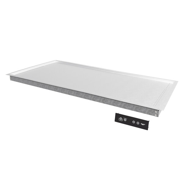 A stainless steel rectangular shelf warmer with a black handle.