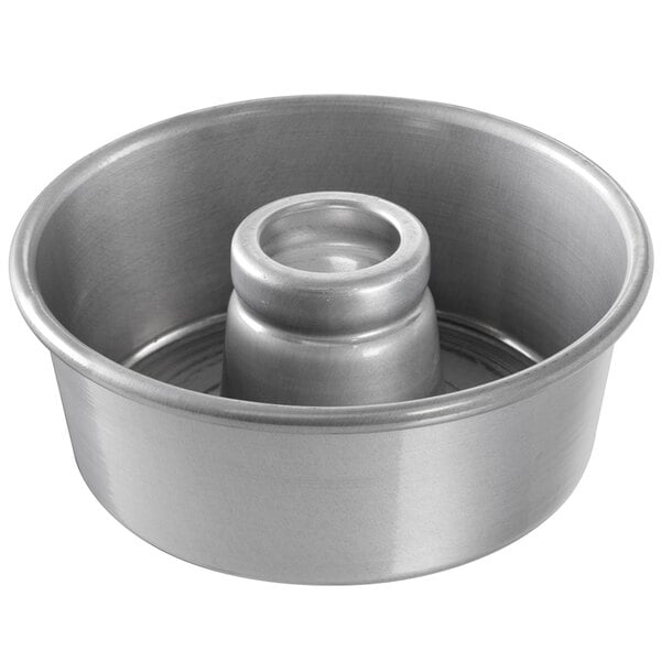 A close-up of a Chicago Metallic aluminized steel angel food cake pan with a round top.