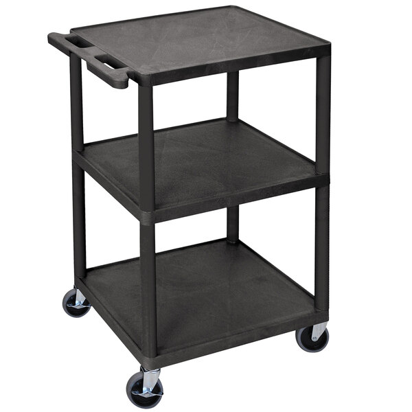 A black Luxor utility cart with three shelves and wheels.