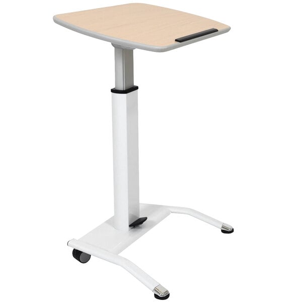 A white Luxor pneumatic adjustable height lectern with a metal pole.