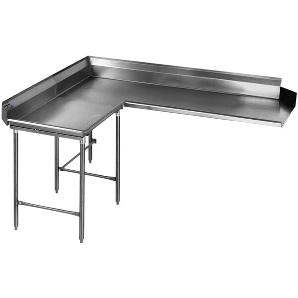 A 72" stainless steel L-shape dishtable with legs.