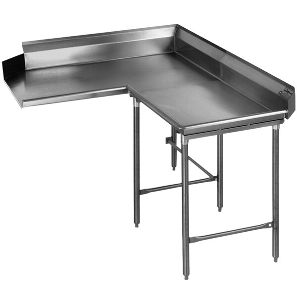 A stainless steel L-shape dishtable with a corner on the right.