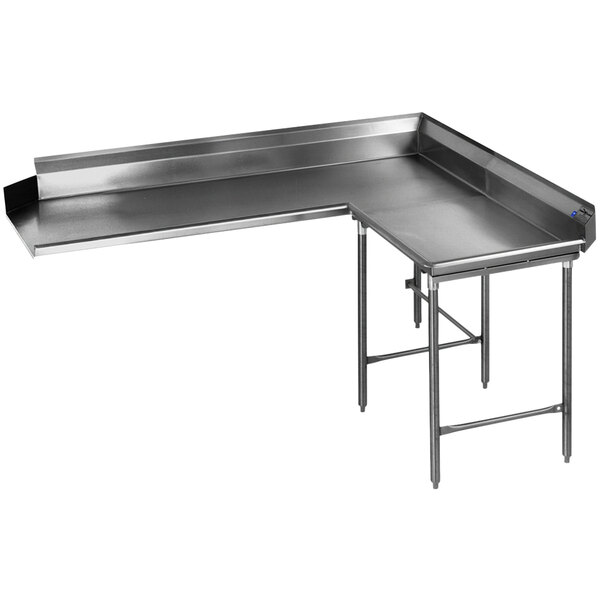 A stainless steel L-shape dishtable with long legs.