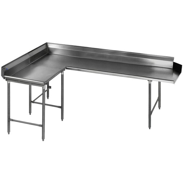 A close-up of an Eagle Group stainless steel L-shape dishtable with legs.