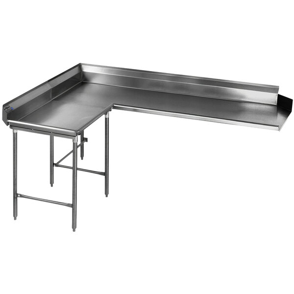 A close-up of an Eagle Group stainless steel clean L-shape dishtable with legs.