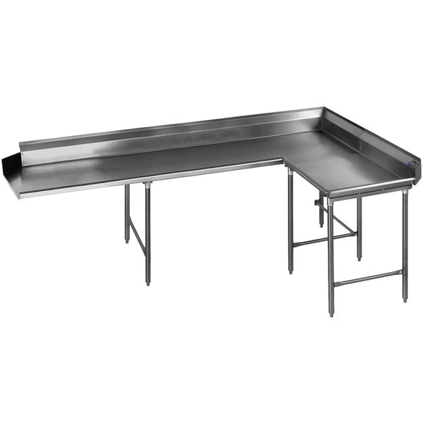 A stainless steel L-shape dishtable with a rectangular top.