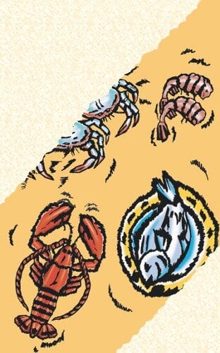The cover of a menu book with a yellow background and a drawing of a crab and lobster.