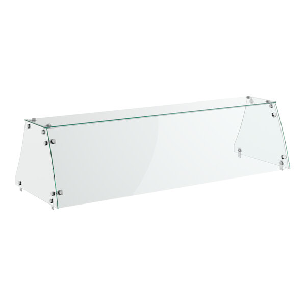 An Avantco flat glass sneeze guard with metal legs on a counter.