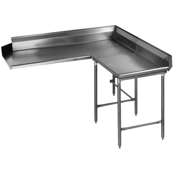 A 60" Eagle Group stainless steel L-shape dishtable with legs.