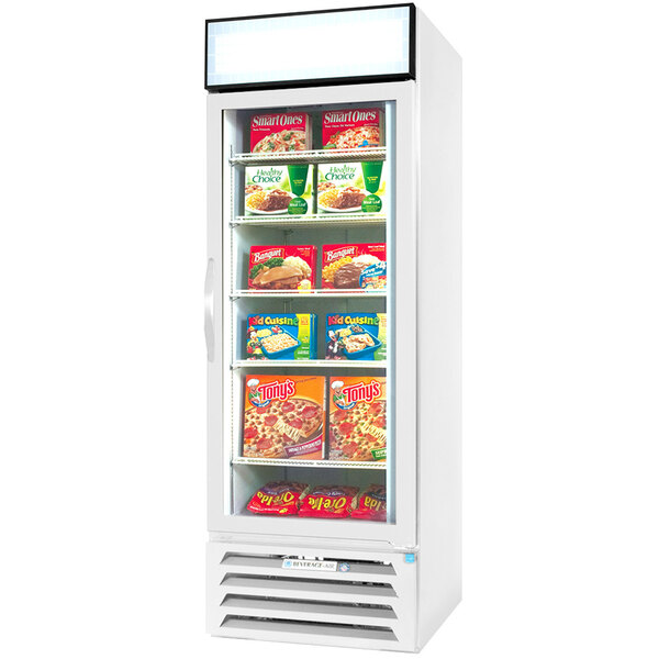 A Beverage-Air white glass door merchandiser freezer with boxes of food inside.