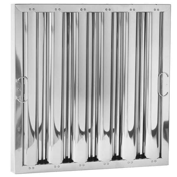 A stainless steel square hood filter with vertical bars.