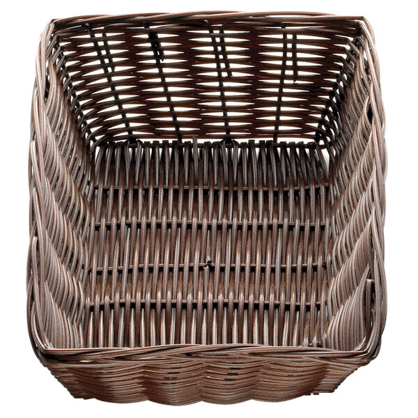 A brown rectangular rattan basket with a square top and handle.