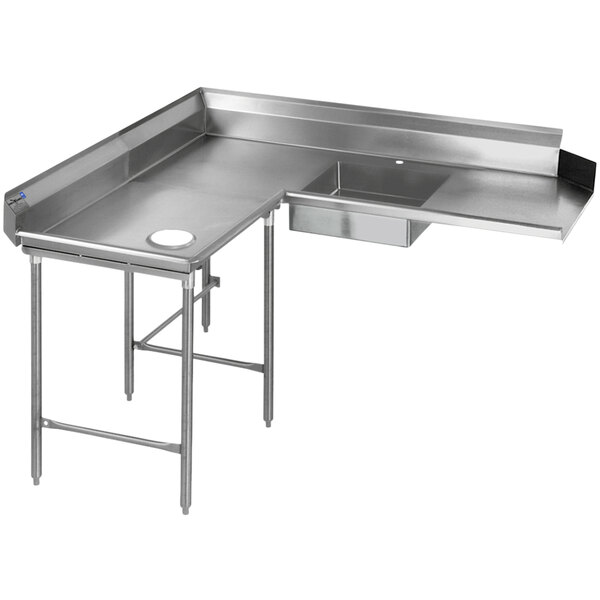 A stainless steel L-shape dishtable with a left dishlanding soil and a drain.