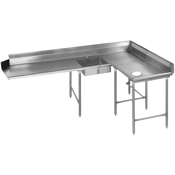 A stainless steel Eagle Group corner dishtable with two sinks and a drain.